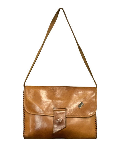 VTG 60S 70S TAN BROWN LEATHER BOHO HIPPY WHIP STITCH SHOULDER BAG