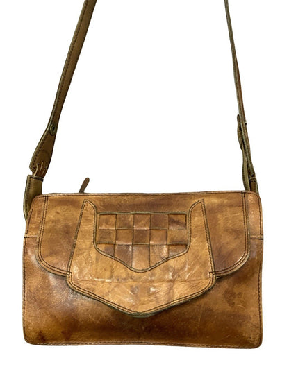 VTG 60S 70S TAN BROWN LEATHER WESTERN BOHO WOVEN SHOULDER BAG