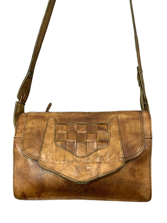 VTG 60S 70S TAN BROWN LEATHER WESTERN BOHO WOVEN SHOULDER BAG