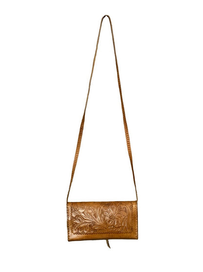 VTG 70S TAN BROWN LEATHER BOHO FLORAL EMBOSSED CUBA WHIP STITCH CROSS BODY BAG