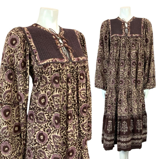 VTG 70S BROWN CREAM BOHO HIPPY BLOCK PRINT FLORAL QUILTED SMOCK DRESS 8 10 S