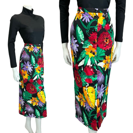 VTG 70S BLACK RED GREEN PURPLE ORANGE ABSTRACT FLORAL BUTTON DOWN MIDI SKIRT 10