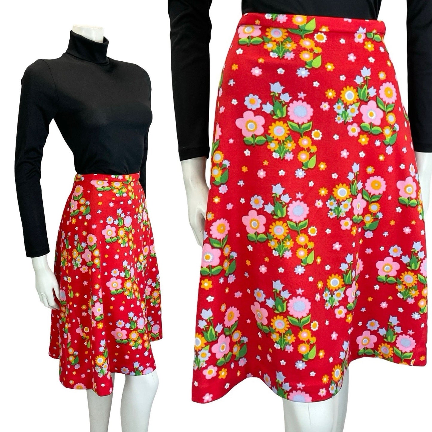 VTG 60S 70S RED PINK YELLOW BLUE GREEN FLORAL HANDMADE CIRCLE SKIRT 10