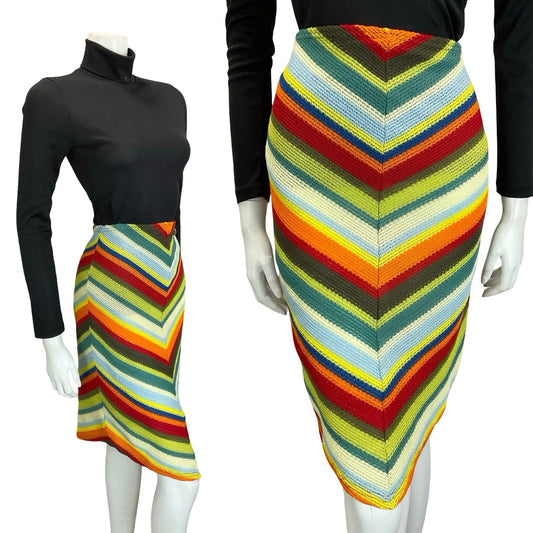 VTG 60S 70S CROCHET KNIT CHEVRON HIPPY BOHO GREEN BLUE RED V HEM SKIRT S 8 10