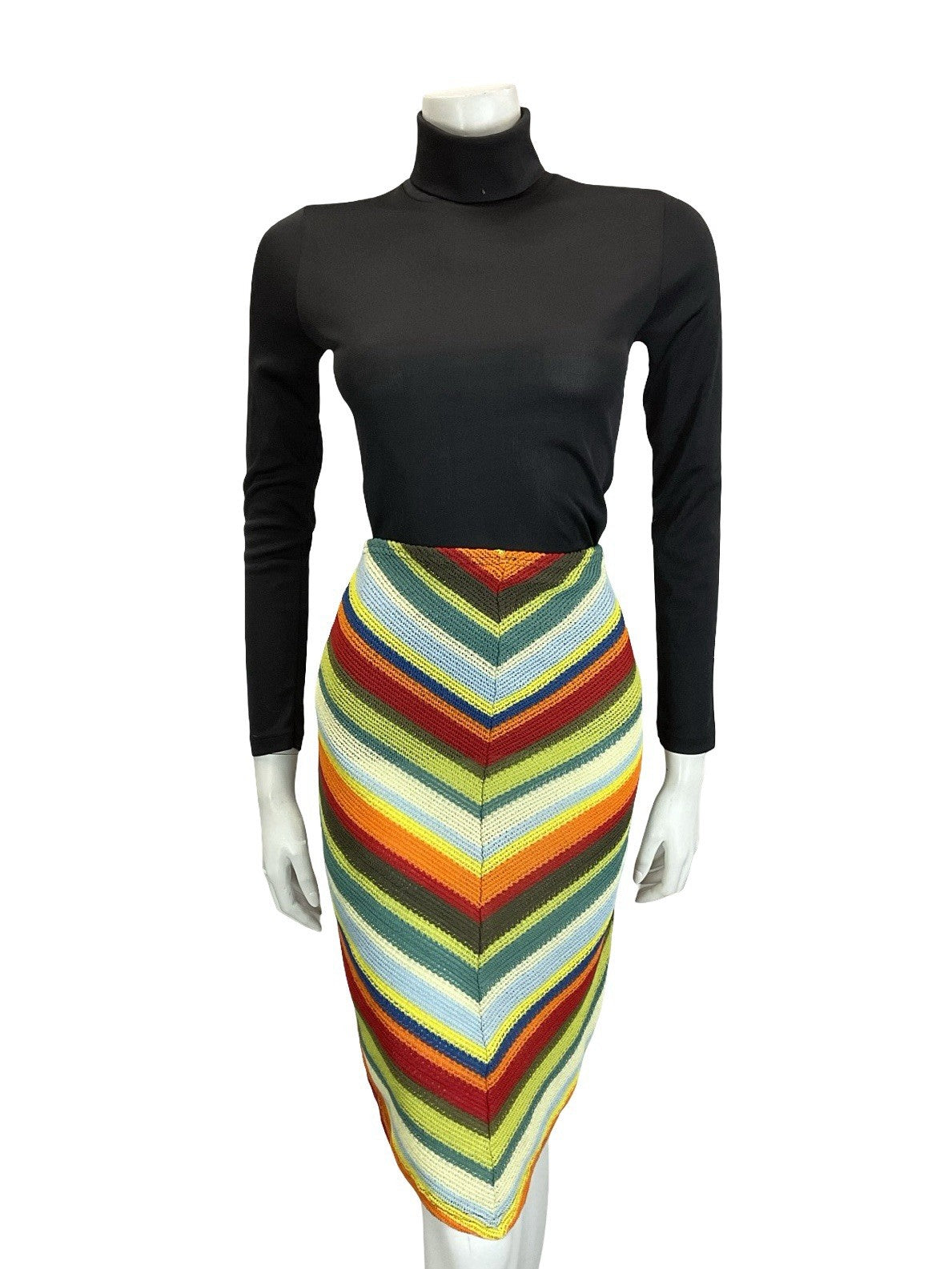 VTG 60S 70S CROCHET KNIT CHEVRON HIPPY BOHO GREEN BLUE RED V HEM SKIRT S 8 10