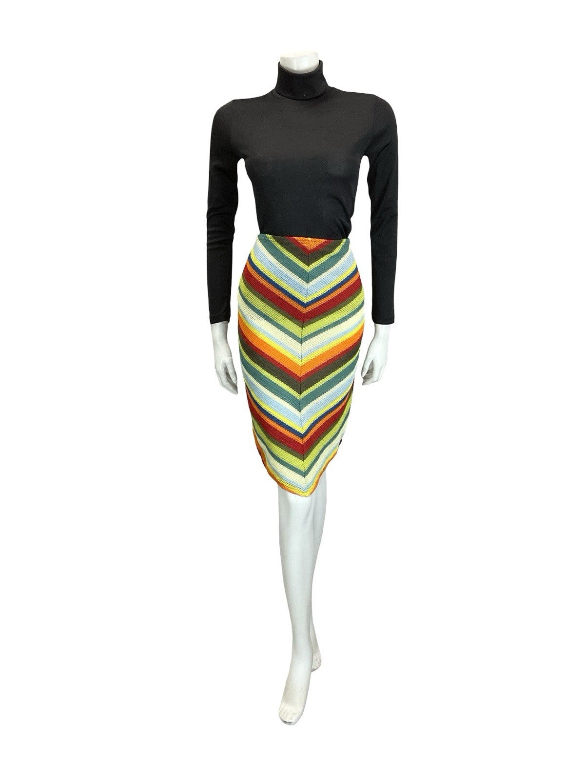 VTG 60S 70S CROCHET KNIT CHEVRON HIPPY BOHO GREEN BLUE RED V HEM SKIRT S 8 10