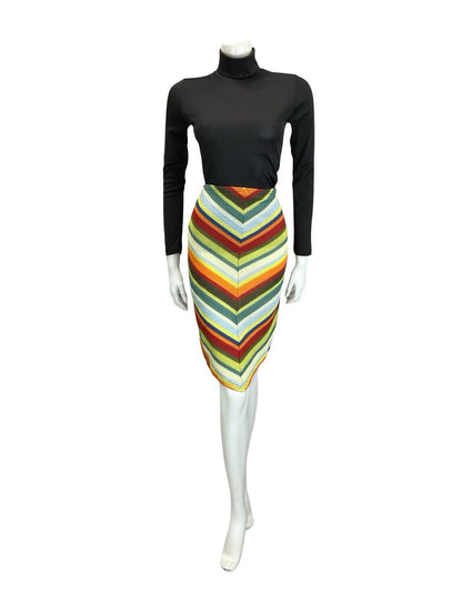 VTG 60S 70S CROCHET KNIT CHEVRON HIPPY BOHO GREEN BLUE RED V HEM SKIRT S 8 10