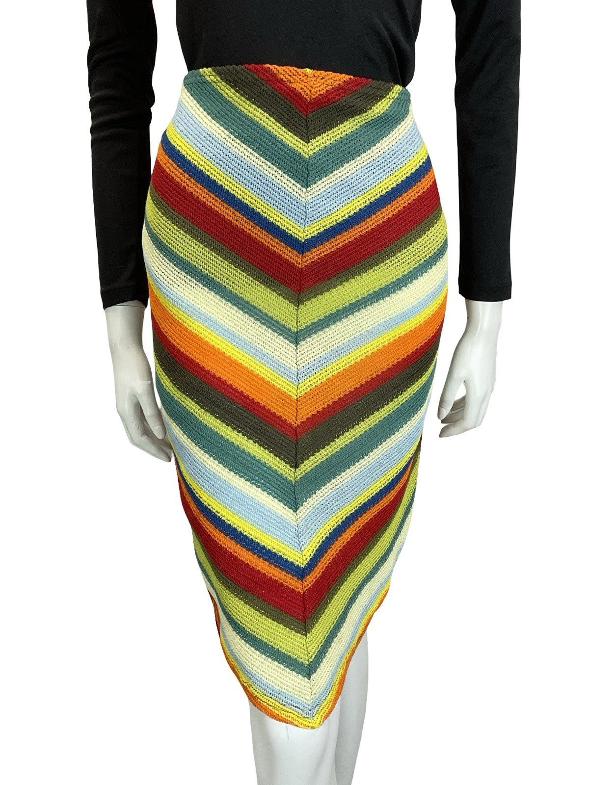 VTG 60S 70S CROCHET KNIT CHEVRON HIPPY BOHO GREEN BLUE RED V HEM SKIRT S 8 10