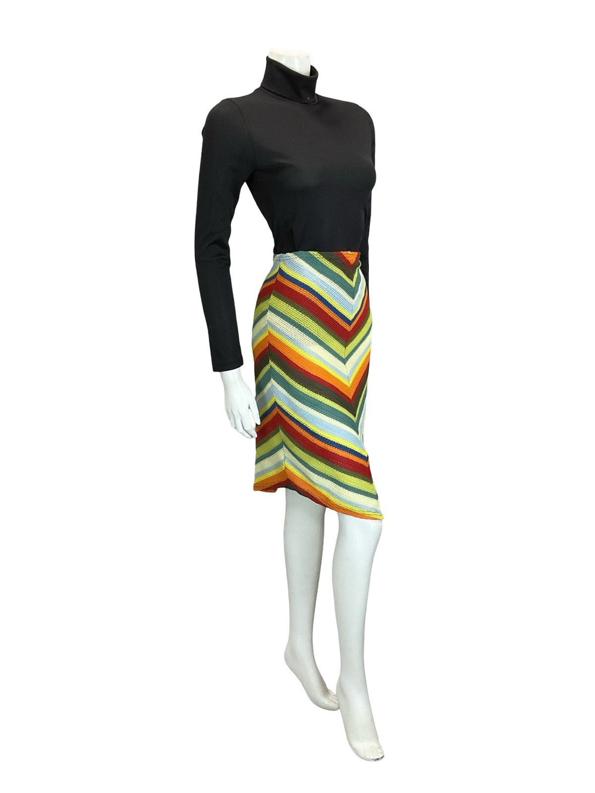 VTG 60S 70S CROCHET KNIT CHEVRON HIPPY BOHO GREEN BLUE RED V HEM SKIRT S 8 10