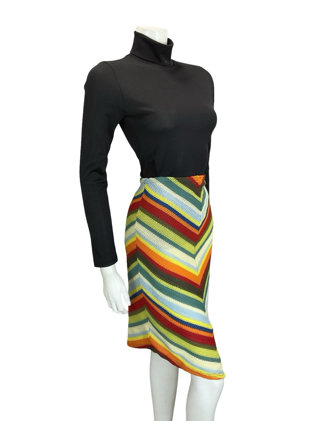 VTG 60S 70S CROCHET KNIT CHEVRON HIPPY BOHO GREEN BLUE RED V HEM SKIRT S 8 10