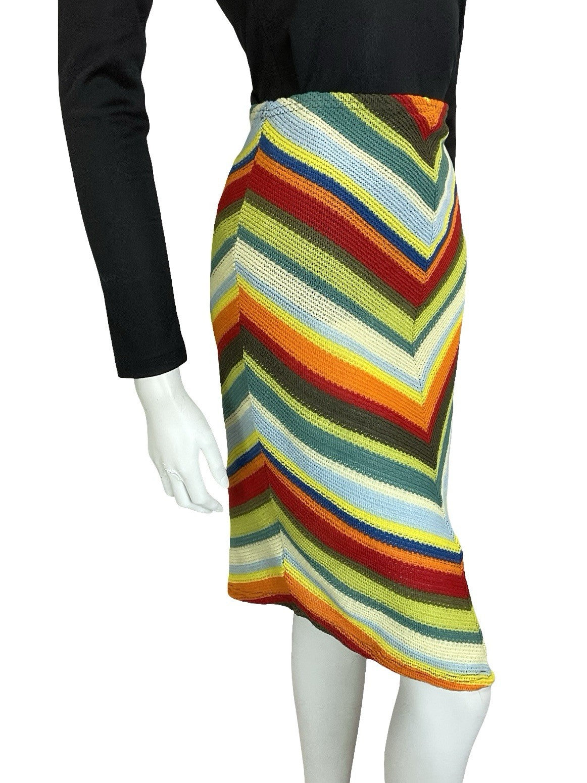 VTG 60S 70S CROCHET KNIT CHEVRON HIPPY BOHO GREEN BLUE RED V HEM SKIRT S 8 10