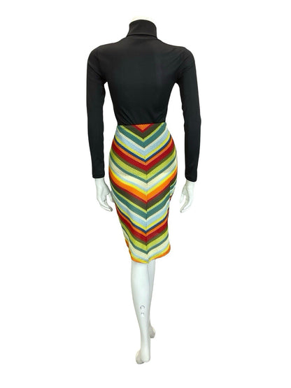 VTG 60S 70S CROCHET KNIT CHEVRON HIPPY BOHO GREEN BLUE RED V HEM SKIRT S 8 10
