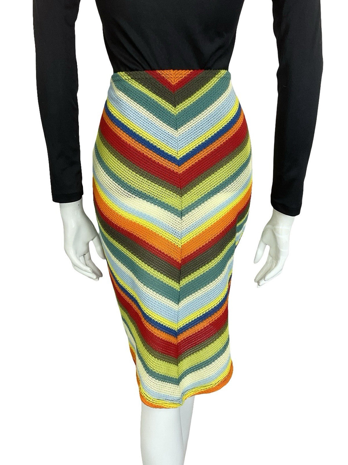 VTG 60S 70S CROCHET KNIT CHEVRON HIPPY BOHO GREEN BLUE RED V HEM SKIRT S 8 10