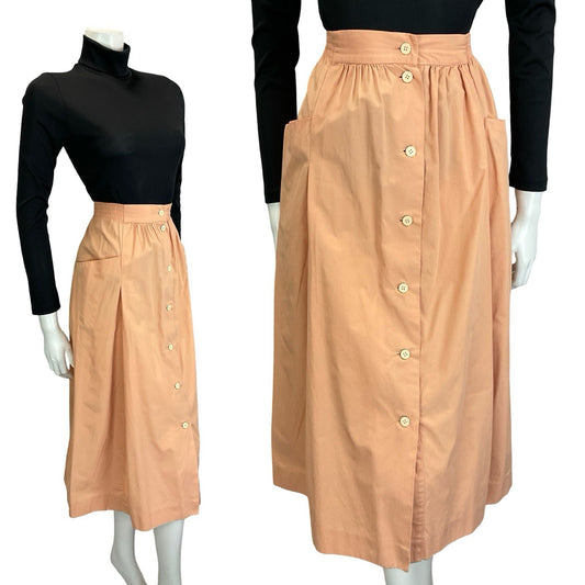VTG 70S 80s PEACH ORANGE ELASTICATED WAIST BUTTON DOWN MIDI SKIRT W POCKETS 16 L
