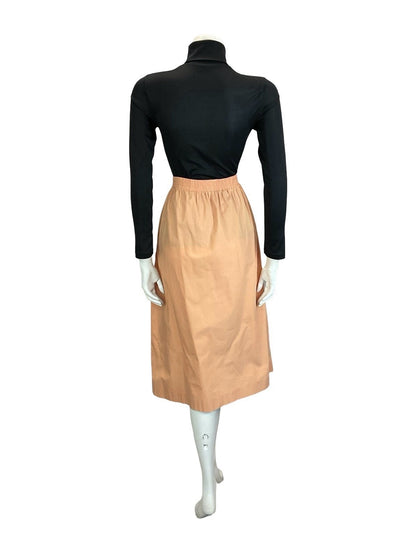 VTG 70S 80s PEACH ORANGE ELASTICATED WAIST BUTTON DOWN MIDI SKIRT W POCKETS 16 L
