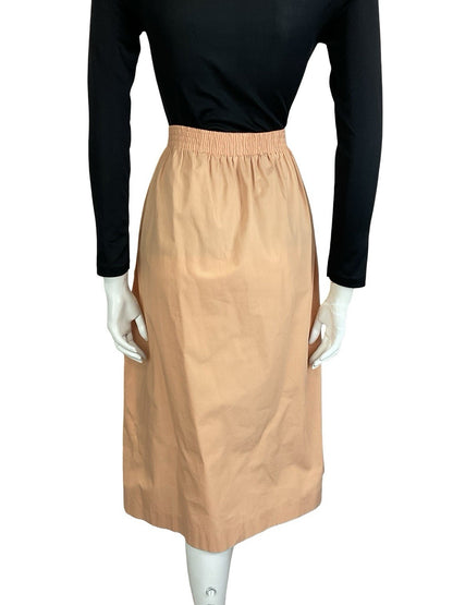 VTG 70S 80s PEACH ORANGE ELASTICATED WAIST BUTTON DOWN MIDI SKIRT W POCKETS 16 L