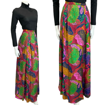 VTG 70S RED PINK BLUE YELLOW PSYCHEDELIC FLORAL LEAF PLEATED MAXI SKIRT 8