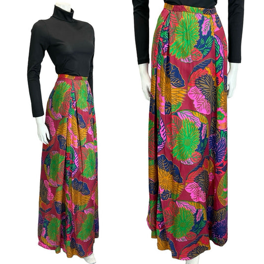 VTG 70S RED PINK BLUE YELLOW PSYCHEDELIC FLORAL LEAF PLEATED MAXI SKIRT 8