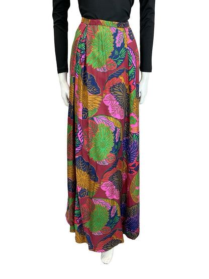 VTG 70S RED PINK BLUE YELLOW PSYCHEDELIC FLORAL LEAF PLEATED MAXI SKIRT 8