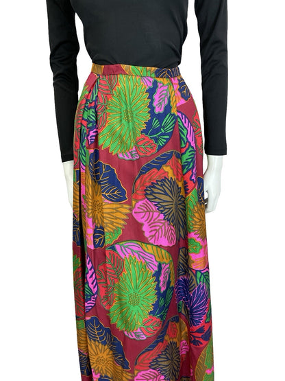 VTG 70S RED PINK BLUE YELLOW PSYCHEDELIC FLORAL LEAF PLEATED MAXI SKIRT 8