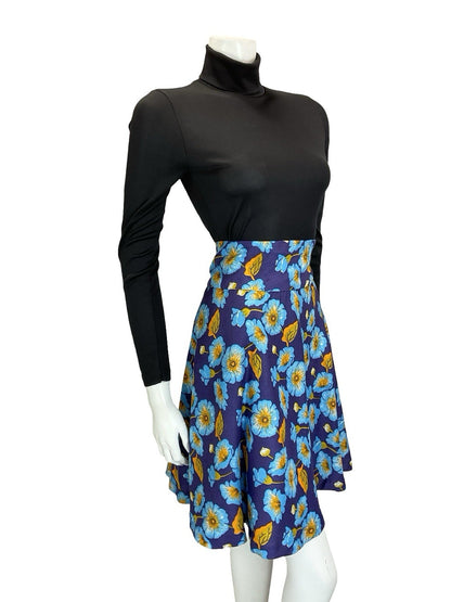 VTG 60S 70S BLUE YELLOW FLORAL MOD SWING CIRCLE MINI SKIRT 14