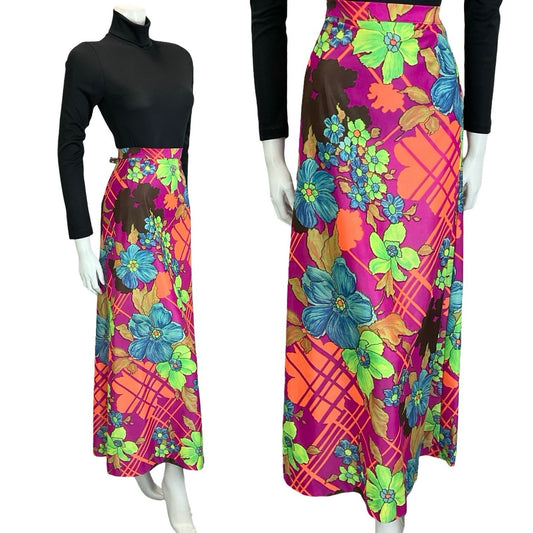 VTG 60S 70S PINK ORANGE GREEN BLUE PSYCHEDELIC GEOMETRIC FLORAL MAXI SKIRT 8