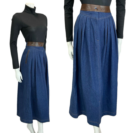 VTG 70S 80S BROWN BLUE FAUX LEATHER DENIM YOKE BASQUE WAIST PLEATED MIDI SKIRT 6