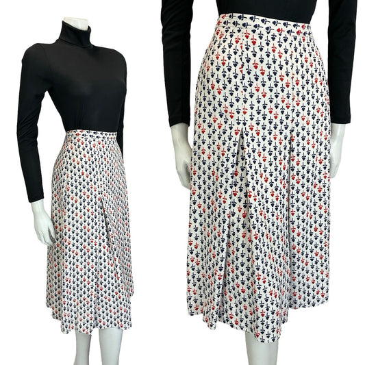 VTG 60S 70S WHITE RED NAVY BLUE GEOMETRIC FLORAL PLEATED PREPPY MIDI SKIRT 10