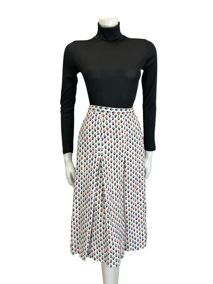 VTG 60S 70S WHITE RED NAVY BLUE GEOMETRIC FLORAL PLEATED PREPPY MIDI SKIRT 10