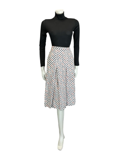 VTG 60S 70S WHITE RED NAVY BLUE GEOMETRIC FLORAL PLEATED PREPPY MIDI SKIRT 10