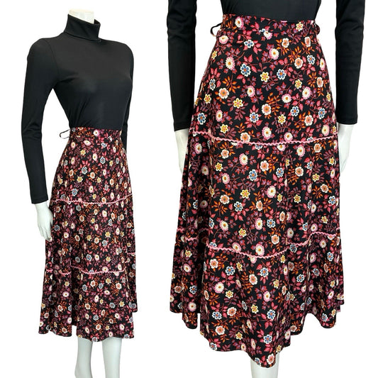 VTG 60S 70S BLACK PINK RED BLUE WHITE FOLK BOHO FLORAL TIERED MIDI SKIRT 10 12