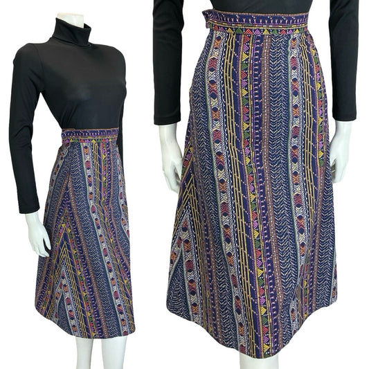 VTG 60S 70S BLUE WHITE YELLOW PURPLE FOLK STITCH STRIPE A LINE MIDI SKIRT XS 6