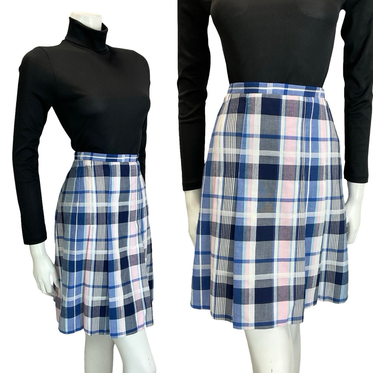 VTG 60S 70S MOD PREPPY BLUE WHITE PINK PLAID CHECKED PLEATED MINI SKIRT S 8 10