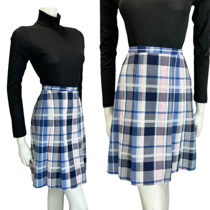 VTG 60S 70S MOD PREPPY BLUE WHITE PINK PLAID CHECKED PLEATED MINI SKIRT S 8 10