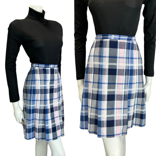 VTG 60S 70S MOD PREPPY BLUE WHITE PINK PLAID CHECKED PLEATED MINI SKIRT S 8 10