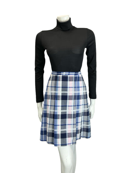 VTG 60S 70S MOD PREPPY BLUE WHITE PINK PLAID CHECKED PLEATED MINI SKIRT S 8 10