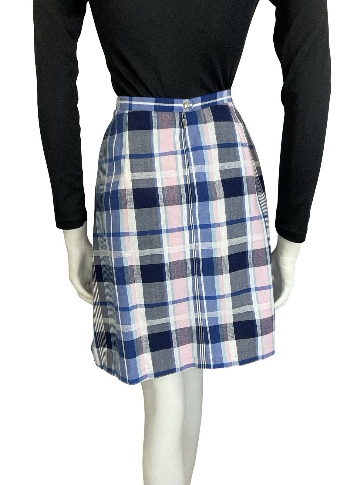 VTG 60S 70S MOD PREPPY BLUE WHITE PINK PLAID CHECKED PLEATED MINI SKIRT S 8 10