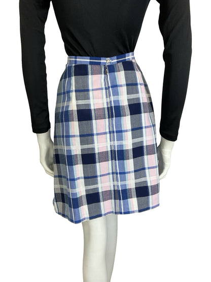 VTG 60S 70S MOD PREPPY BLUE WHITE PINK PLAID CHECKED PLEATED MINI SKIRT S 8 10