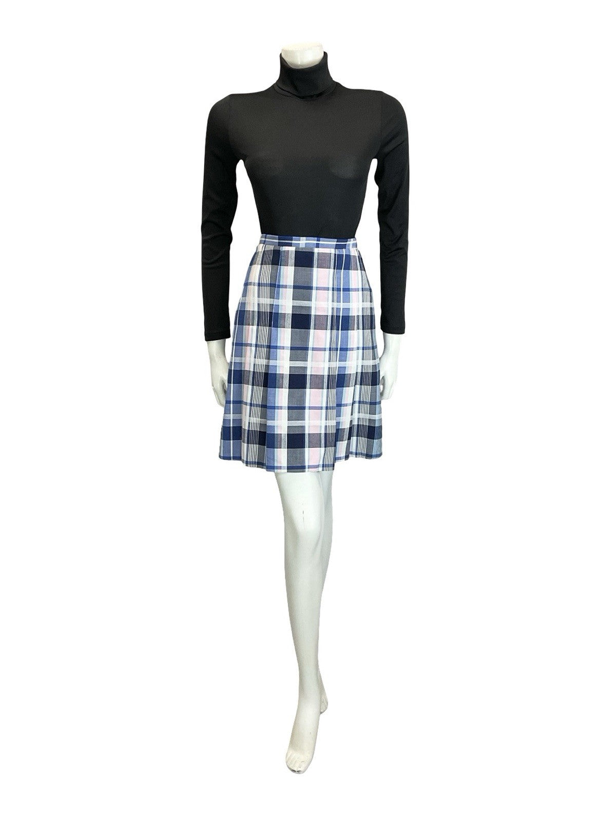 VTG 60S 70S MOD PREPPY BLUE WHITE PINK PLAID CHECKED PLEATED MINI SKIRT S 8 10