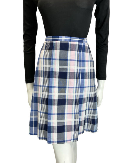 VTG 60S 70S MOD PREPPY BLUE WHITE PINK PLAID CHECKED PLEATED MINI SKIRT S 8 10
