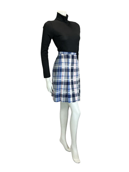 VTG 60S 70S MOD PREPPY BLUE WHITE PINK PLAID CHECKED PLEATED MINI SKIRT S 8 10