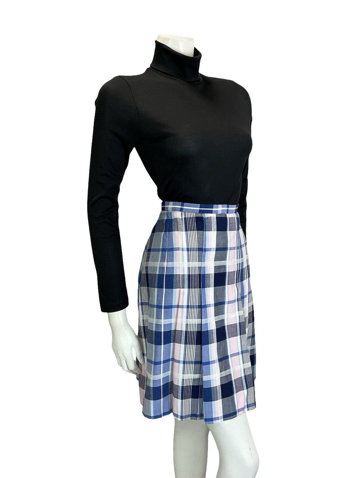 VTG 60S 70S MOD PREPPY BLUE WHITE PINK PLAID CHECKED PLEATED MINI SKIRT S 8 10
