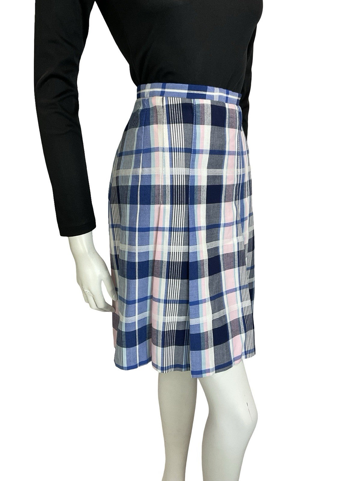 VTG 60S 70S MOD PREPPY BLUE WHITE PINK PLAID CHECKED PLEATED MINI SKIRT S 8 10