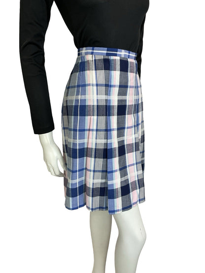 VTG 60S 70S MOD PREPPY BLUE WHITE PINK PLAID CHECKED PLEATED MINI SKIRT S 8 10