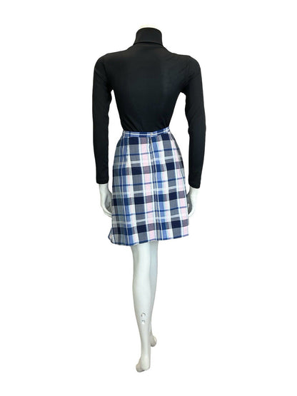 VTG 60S 70S MOD PREPPY BLUE WHITE PINK PLAID CHECKED PLEATED MINI SKIRT S 8 10
