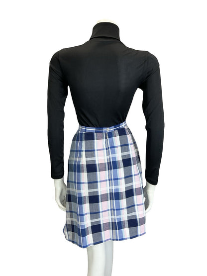 VTG 60S 70S MOD PREPPY BLUE WHITE PINK PLAID CHECKED PLEATED MINI SKIRT S 8 10