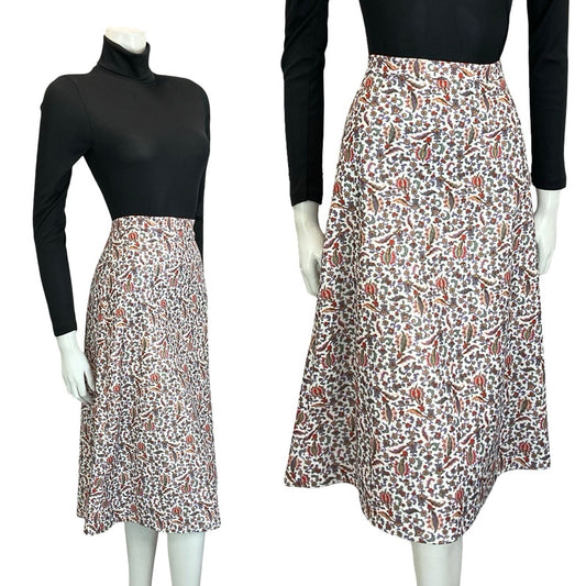 VTG 60S 70S FOLK BOHO WHITE RED GREEN PURPLE BEIGE FLORAL A LINE MIDI SKIRT 10
