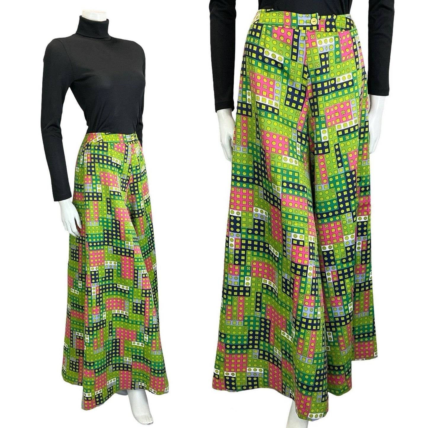 VTG 60S 70S GREEN PINK WHITE BLUE GEOMETRIC DOT PALAZZO PANTS TROUSERS 4 6