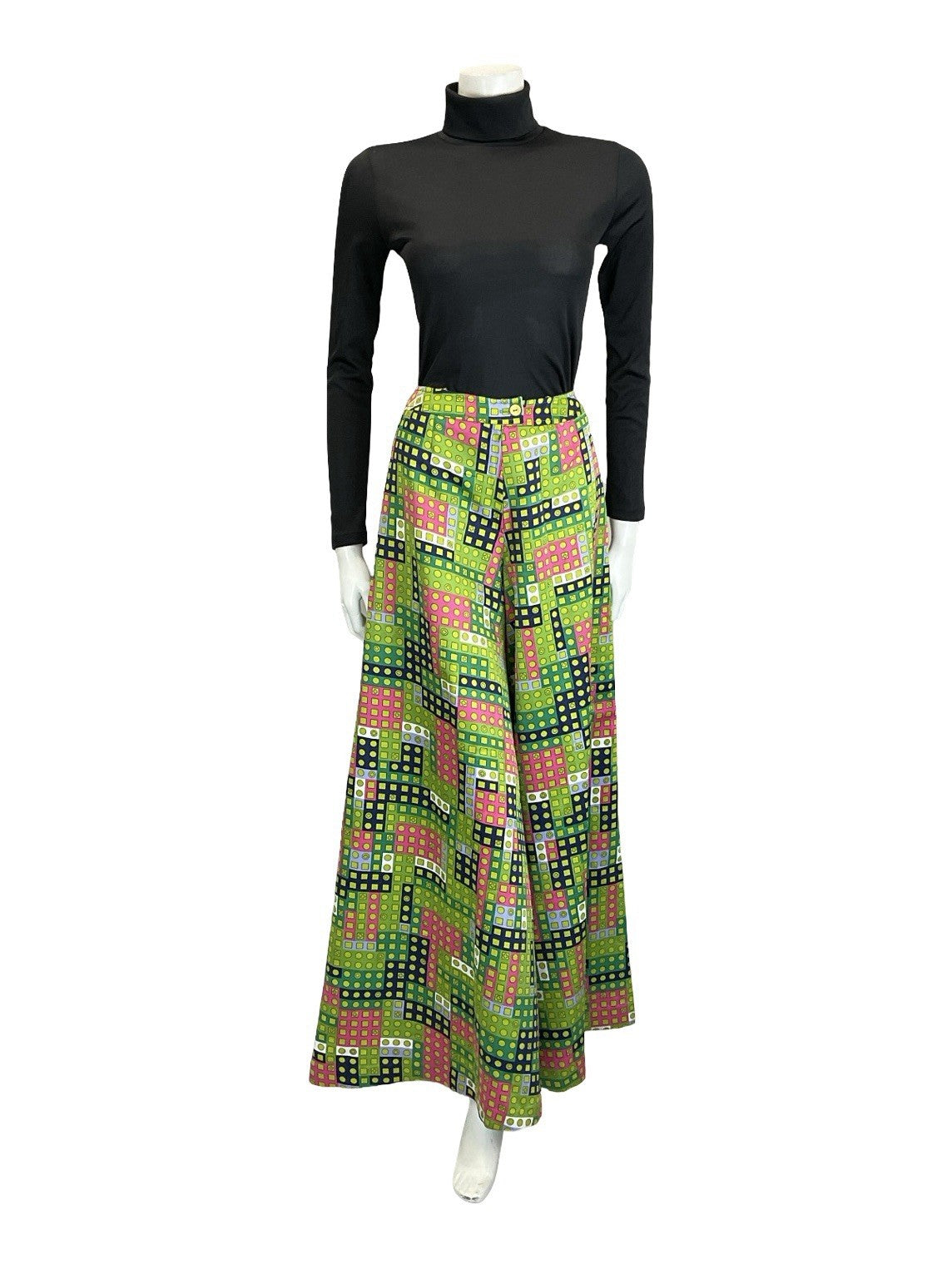 VTG 60S 70S GREEN PINK WHITE BLUE GEOMETRIC DOT PALAZZO PANTS TROUSERS 4 6