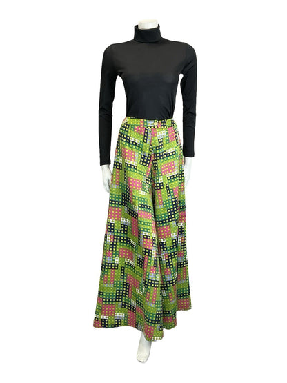 VTG 60S 70S GREEN PINK WHITE BLUE GEOMETRIC DOT PALAZZO PANTS TROUSERS 4 6